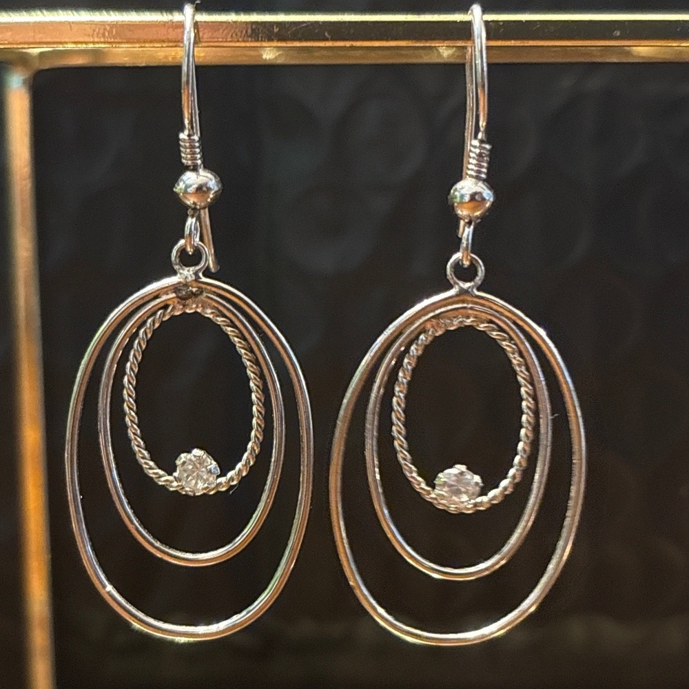 Concentric Oval Drop‎ Earrings with Sparkling Accent Silver Tone Fashion Jewelry